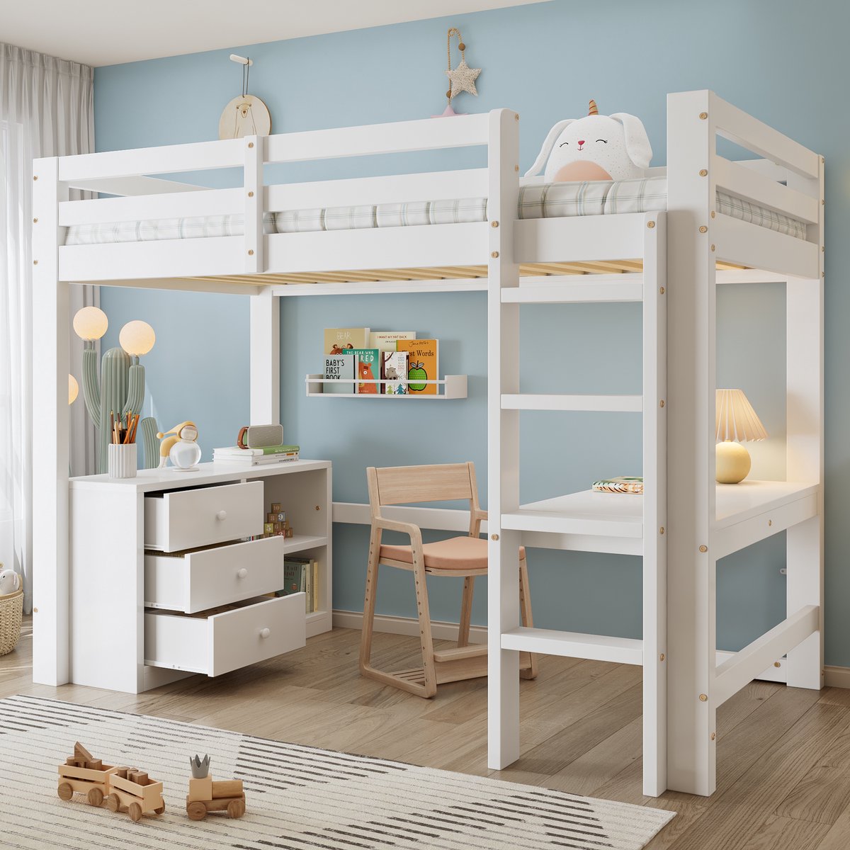 Sweiko Hoogslaper - 90x200cm - Met bureau - 3 lades - Kinderbed - Grenenhout + MDF - Wit