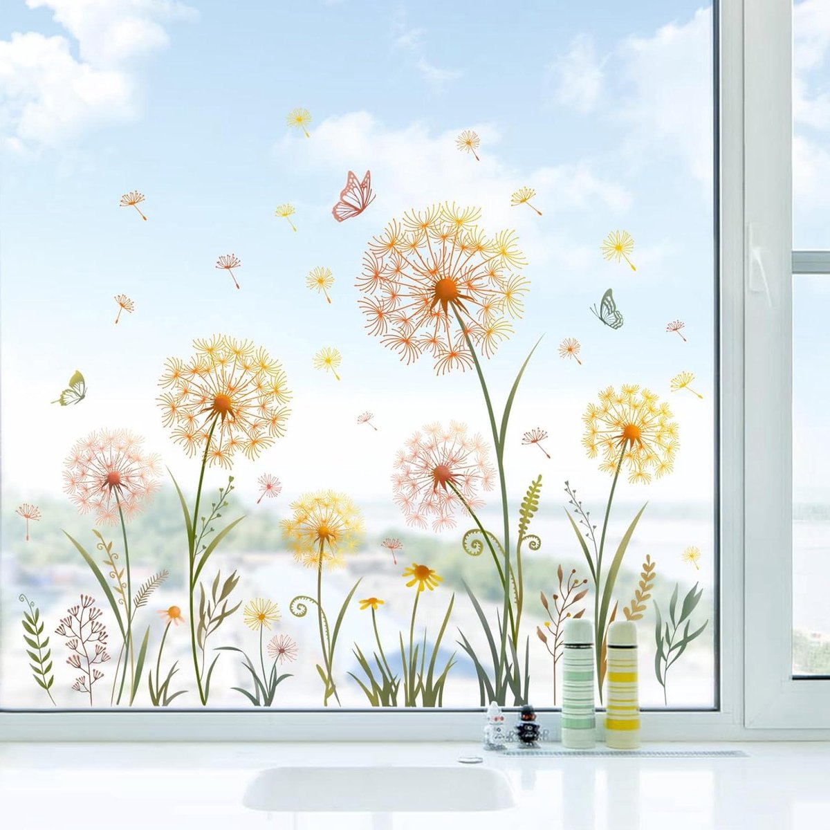 Provento - Dubbelzijdige statische raamstickers voor anti-botsing met gele paardenbloem bloemen - Decoratie voor ramen, glazen deuren - Zomer herfst gras vlinder patronen