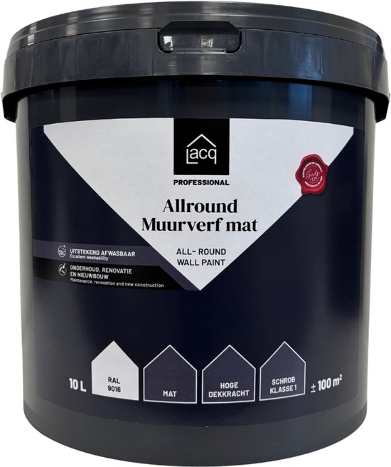 Lacq Allround Muurverf Mat 10 liter - RAL 9016 - Uitstekend reinigbaar - Hoge dekkracht