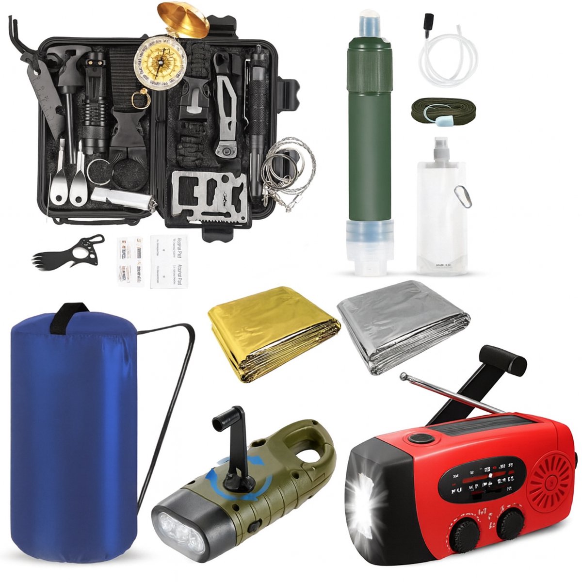 IMENGINE Noodpakket - 22 in 1 - Noodpakket Voor Thuis - Survival Kit - camping - kamperen- Noodsituaties, Stroomuitval, Oorlog, Water uitval - Waterfilter, Powerbank, Noodradio door Overheid Geadviseerd - Noodradio - multitool zakmes noodpakket
