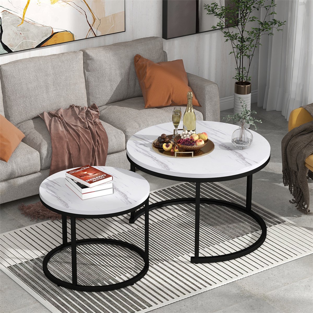YEHTOKHOME Ronde Salontafels Wit Marmer - Bijzettafel set van 2 - Zwart Salontafel Rond MDF Marmerlook - Metalen Poten - Ø71 cm & 46 cm