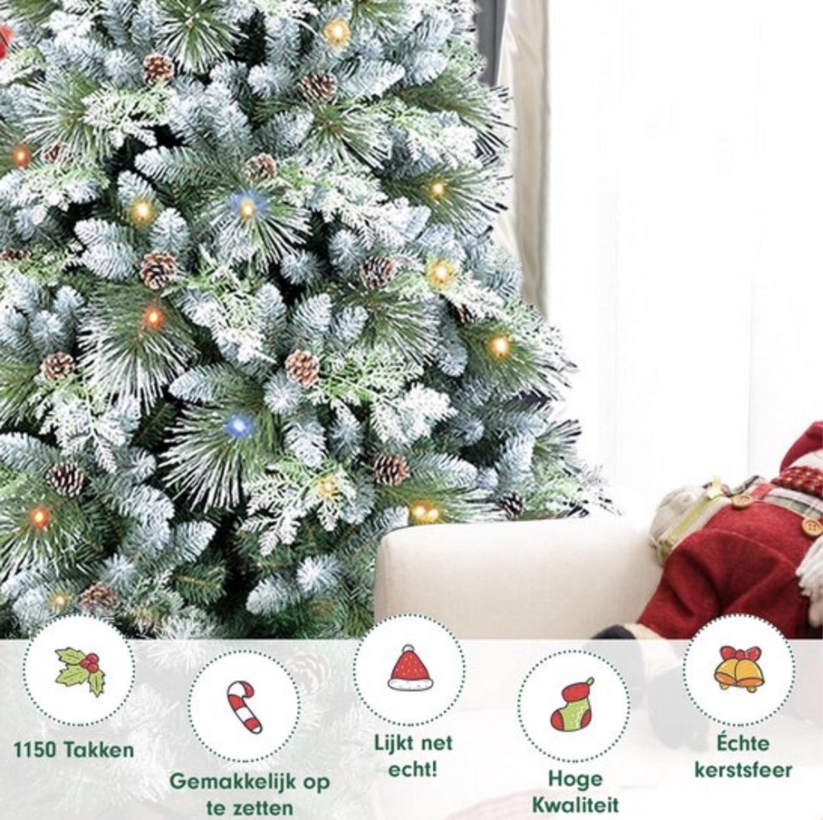 AG Kunstkerstboom met verlichting & kerstversiering - Sneeuw -210 cm - 1150 Takken - Zeer Dicht Takkenstelsel - 1 Taksoort - Eenvoudige Opbouw Zonder Gereedschap - Wit - Kunstkerstboom Net Echt - Volle Kerstboom – foto 7