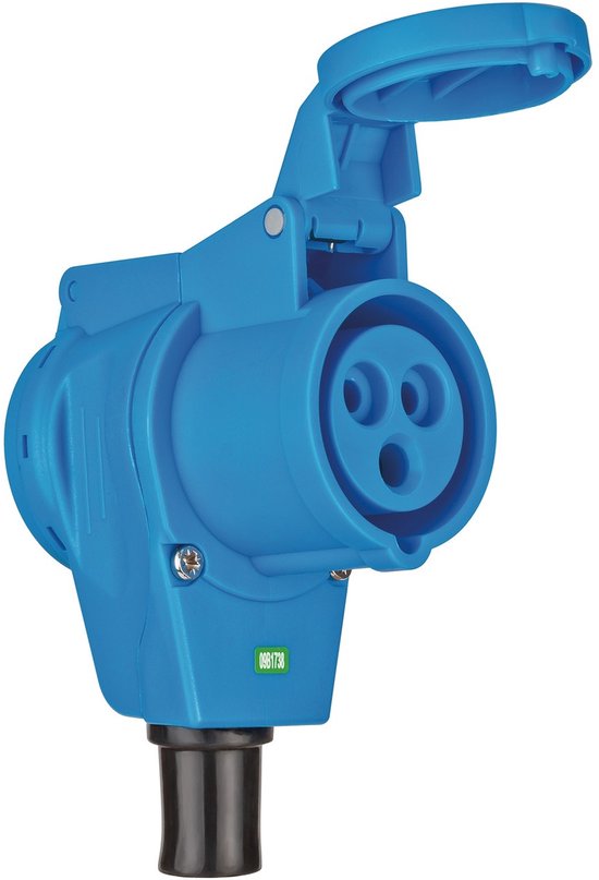 Blauwe CEE haakse koppeling met een stekker en een beschermde contactdoos met klapdeksel.