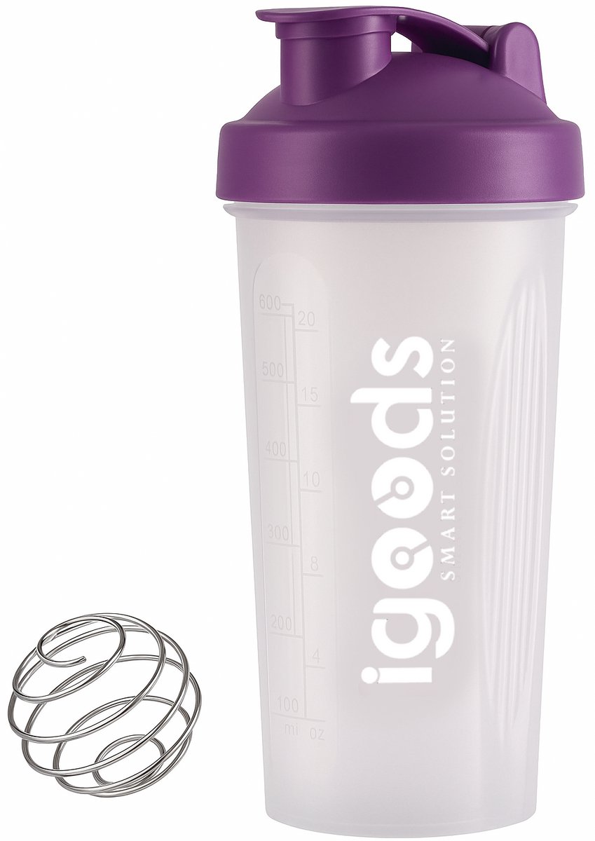 Igoods Shakebeker – Met RVS Mixerbal – BPA-vrij & Lekvrij – Shaker voor Proteïne Shakes, Smoothies & Sportvoeding – Fitness Shake Cup – 600ml – Paars/Wit