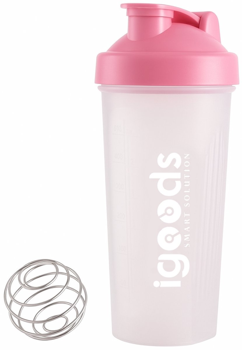 Igoods Shakebeker – Met RVS Mixerbal – BPA-vrij & Lekvrij – Shaker voor Proteïne Shakes, Smoothies & Sportvoeding – Fitness Shake Cup – 600ml – Rosé/Wit