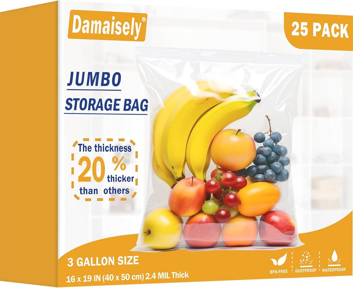 Set van 25 Grote Hersluitbare Opbergzakken 40x50 cm (3,5 Gallon), Extra Sterke 4 Mil Vriezerzakken