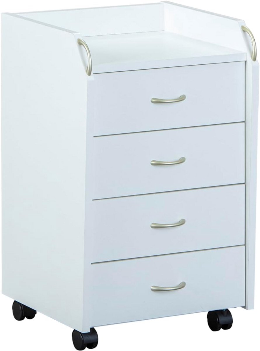 Mobiele Ladekast met 4 Lades en Wieltjes - Compact Archiefkast Wit
