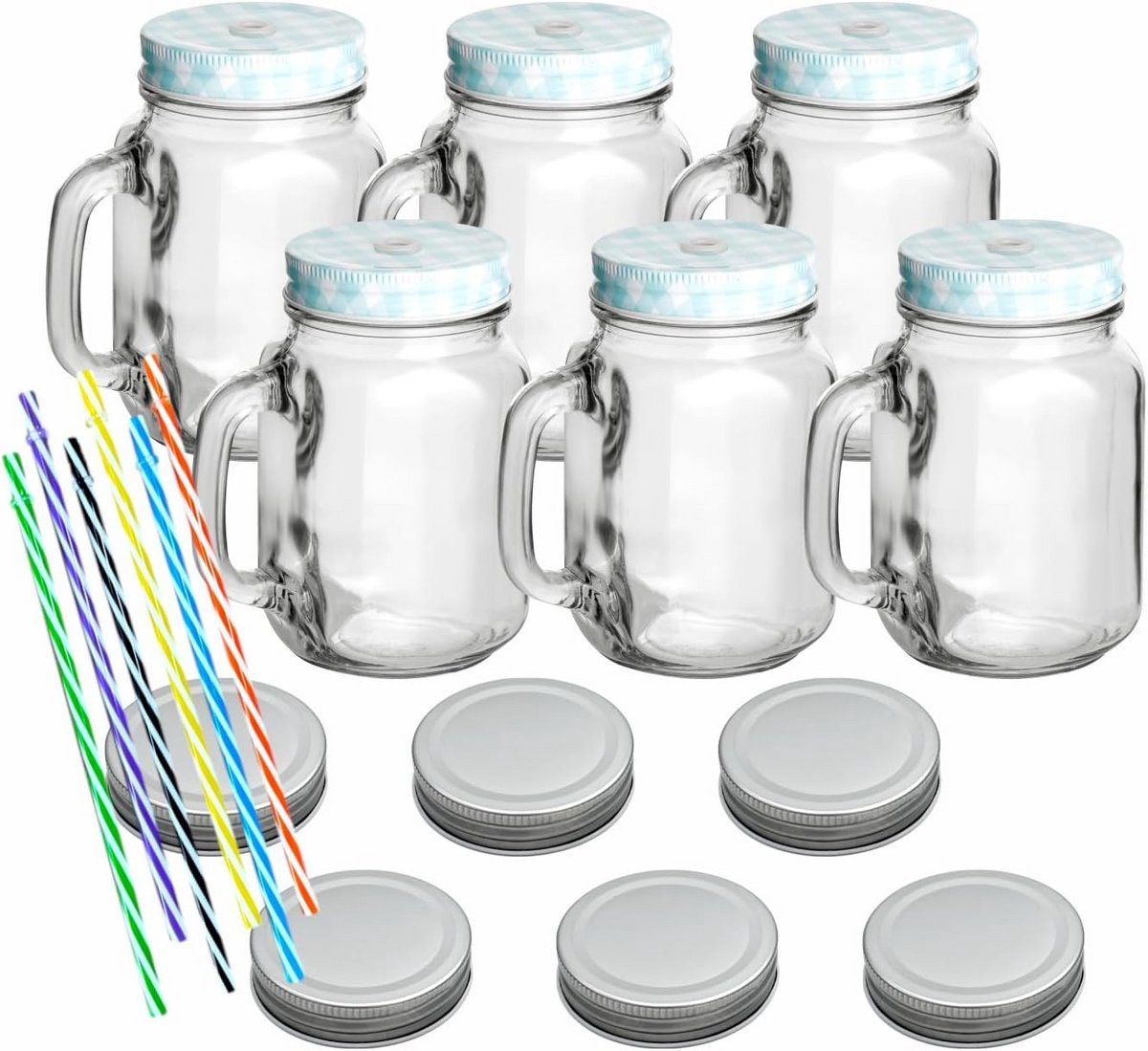 Set van 6 Drinkglazen met Handvat en Deksel 450 ml - Ideaal voor Tuin en Balkon