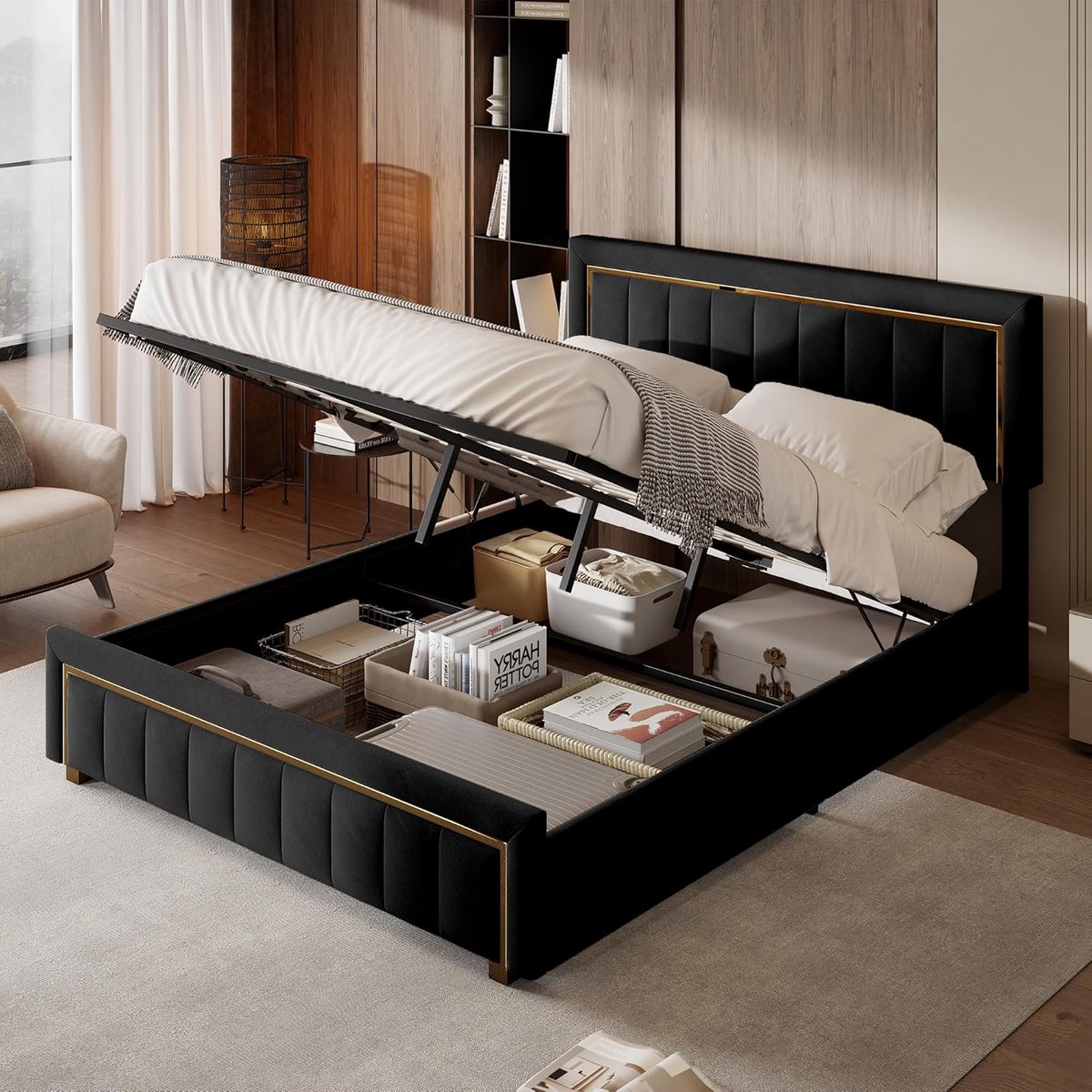 Tweepersoons Bed 140x200 cm met Lattenbodem en Opbergruimte - Gestoffeerd Metalen Bedframe Zwart