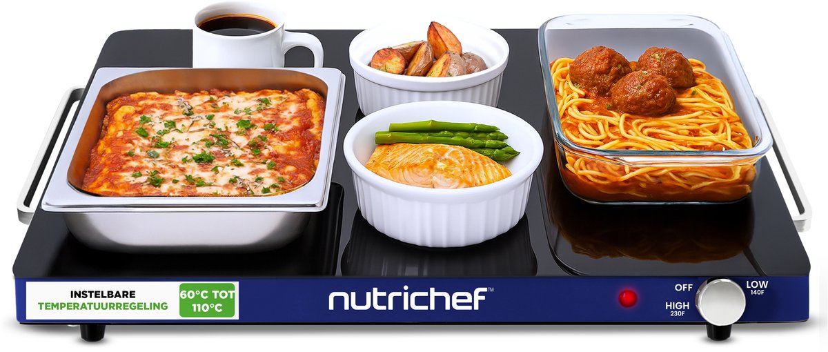 NutriChef Elektrisch Warmhoudplaat - Glazen Oppervlak - Instelbare Temperatuur - Blauw