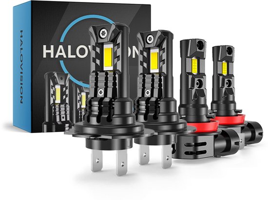 HaloVision Turbo LED Mist Licht + Koplampen H7 + HB4 – 150W 30000Lm 6000K Helder Wit – Canbus Plug en Play Dimlicht + Mistlicht LED Set van 4 Autolampen