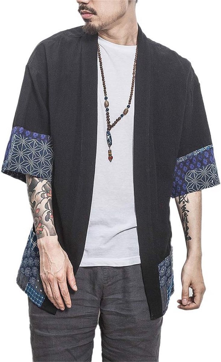 Heren Japanse Kimono Cardigan Luchtige Katoen Linnen Zomerjas met Print
