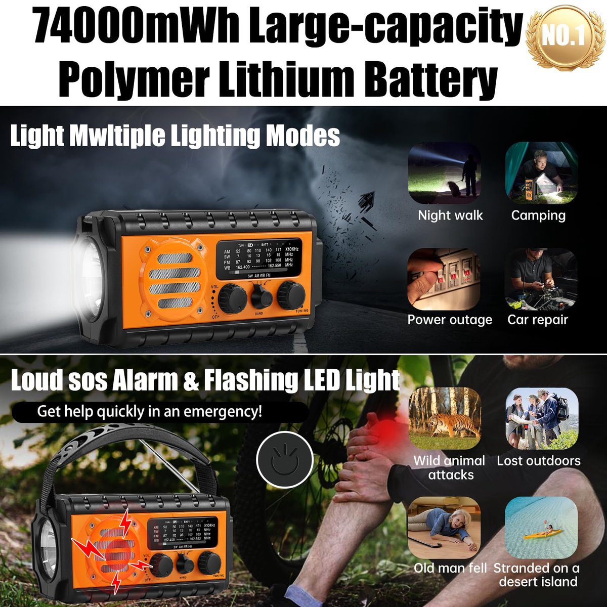 Noodradio met 20000mAh Powerbank - SW/NOAA/AM/FM weerradio, handbediende oplader met grote batterij, draagbaar, opladen van mobiele telefoon, SOS, zaklamp voor noodgevallen/thuis en outdoor – foto 4