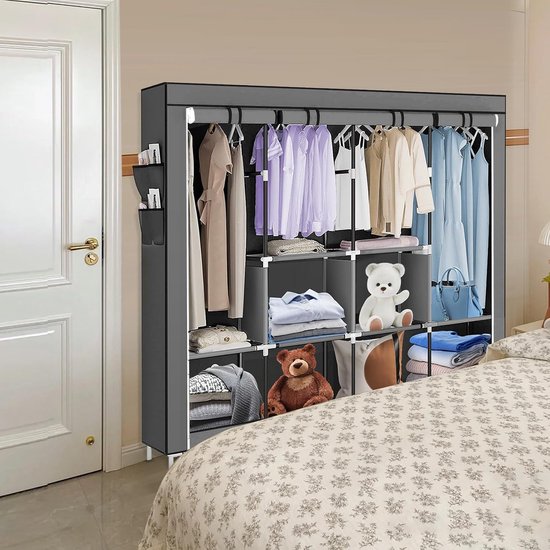 HOMCOM Stoffen Kledingkast met 5 Vakken, Kledingstang, Garderobe met Ritssluiting, Opvouwbare Kast voor Hal, Entree, Lichtgrijs, 83 x 42,5 x 162,5 cm