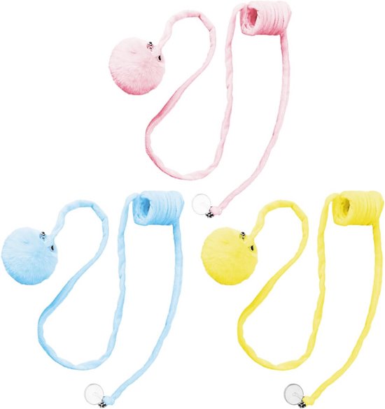 JTMKYO 3 Stuks Interactief Kattenspeelgoed – Elastische Stokken Met Touw En Bel – 1,3 M Lang – Zuignap – Geel, Blauw, Roze – Vermindert Stress En Verveling Bij Katten