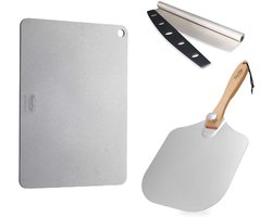 Pizzasteen van Staal PRO set - Inclusief Pizza Schep en Snijder – Pizza Steen - Broden Bakken - Kitchen Steel by Qwality
