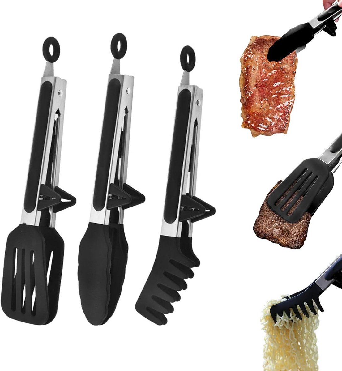 RVS Keukentangen Set van 3 met Standaard voor BBQ en Koken