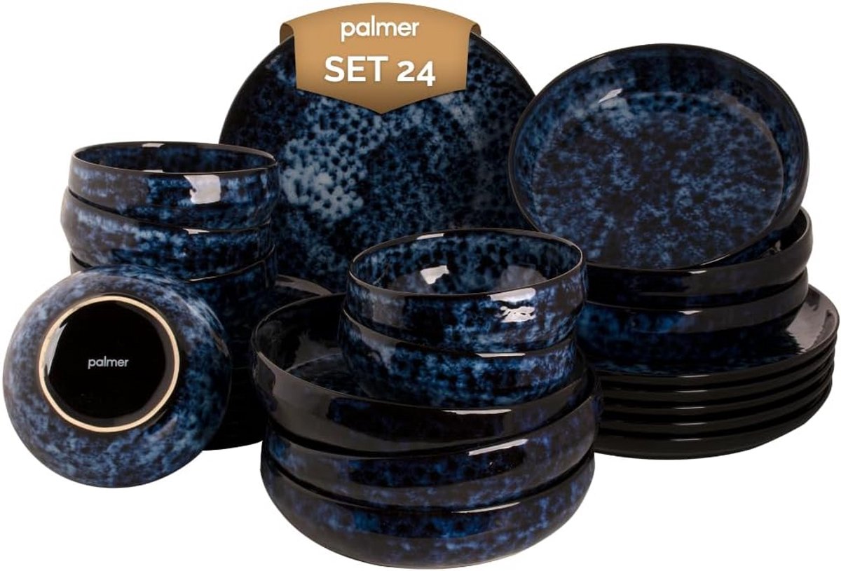 24-delig Blauw Steengoed Servies Set voor 6 Personen - Oven- en Vaatwasmachinebestendig