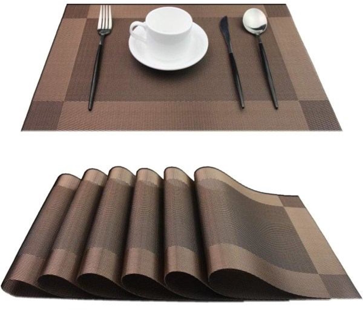Placemats - Hittebestendige, antislip placemats - Gemakkelijk af te vegen en schoon te maken geweven placemats - Geschikt voor eettafels - Set van 6 stuks - Chocoladebruin