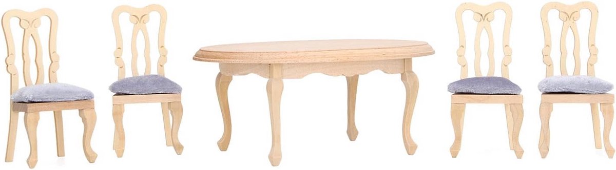 Luxe Houten Eetkamerset voor 1:12 Poppenhuis - Tafel en 4 Stoelen Miniatuur Meubels