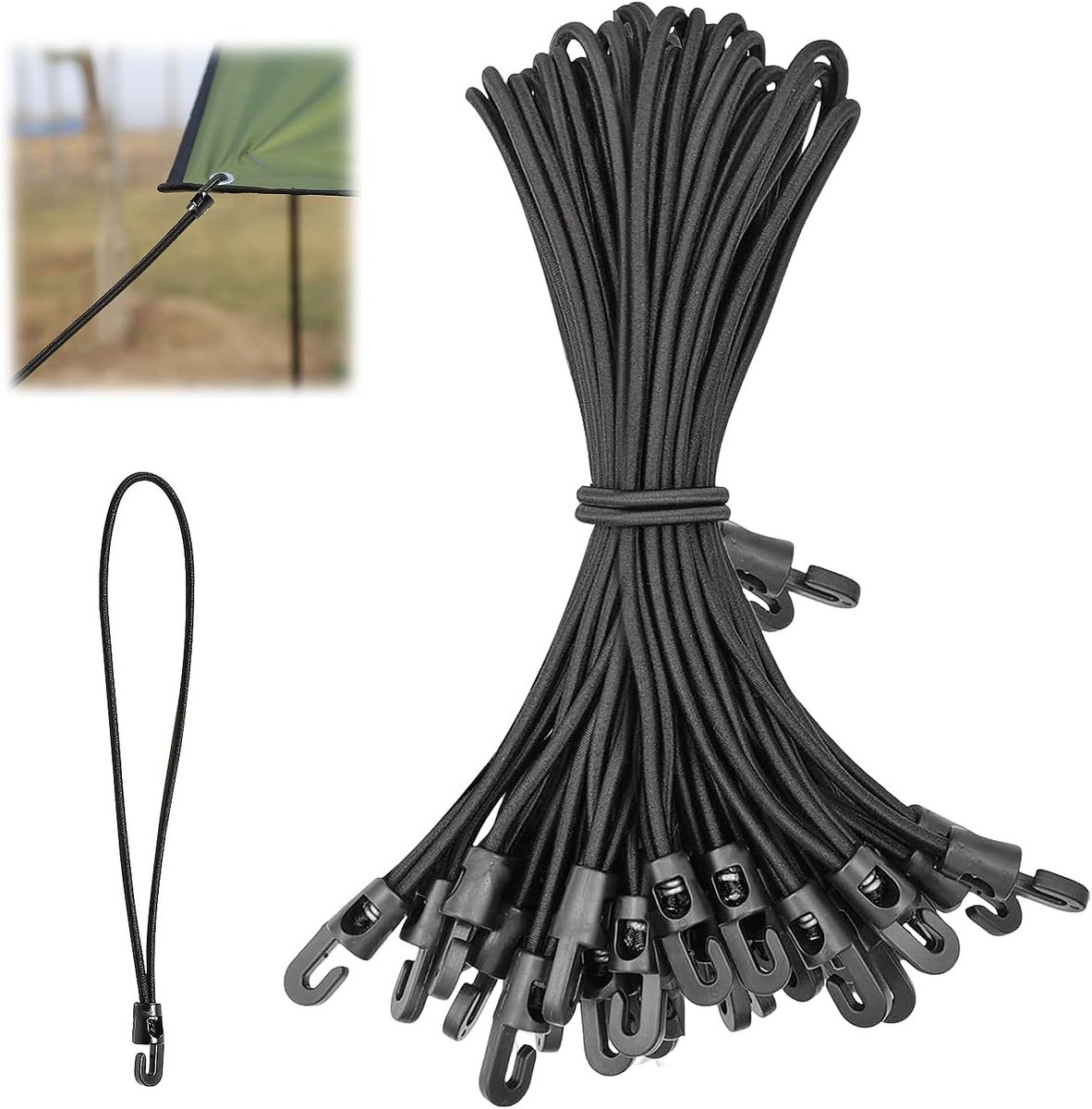 Set van 16 zwarte spanrubbers met haken, 26 cm voor zeilen en ladingzekering