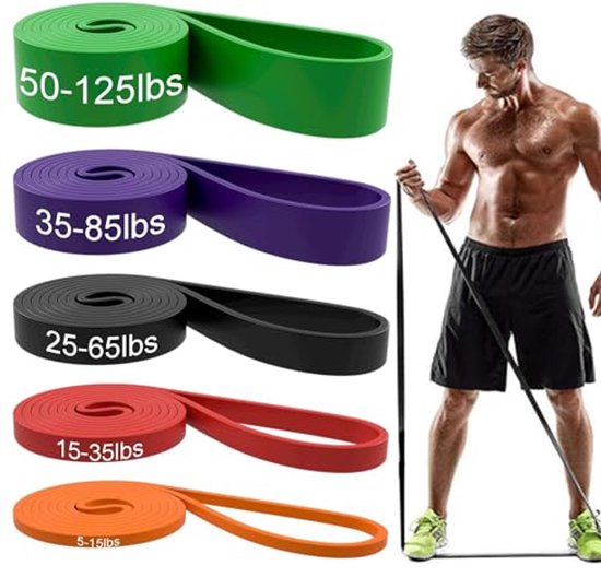 Weerstandsbanden - Pull up bands - Trainingsbanden - fitnessbanden - Set van 5 banden - 5 verschillende Weerstanden - set voor training- fitness- oefeningen en fysiotherapie voor mannen en vrouwen - Inclusief draagtas