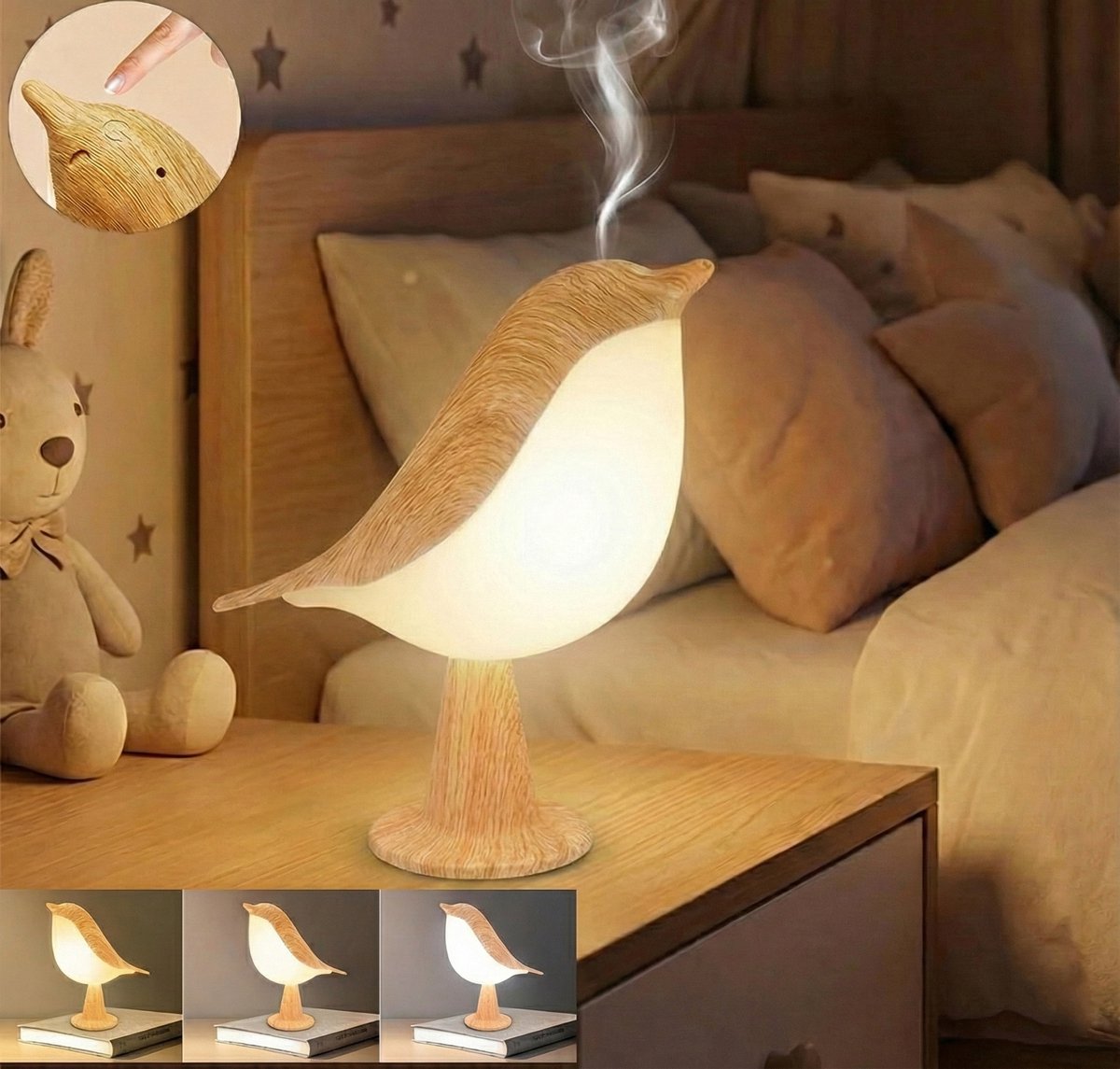 MUPOO Draadloze Tafellamp Oplaadbaar & Dimbaar Vogel -Nachtlampje Kinderen Touch Bediening - 3 Lichtkleuren -Bedlampje Met Aromatherapie Functie - Origineel Kraamcadeau-2 stuks