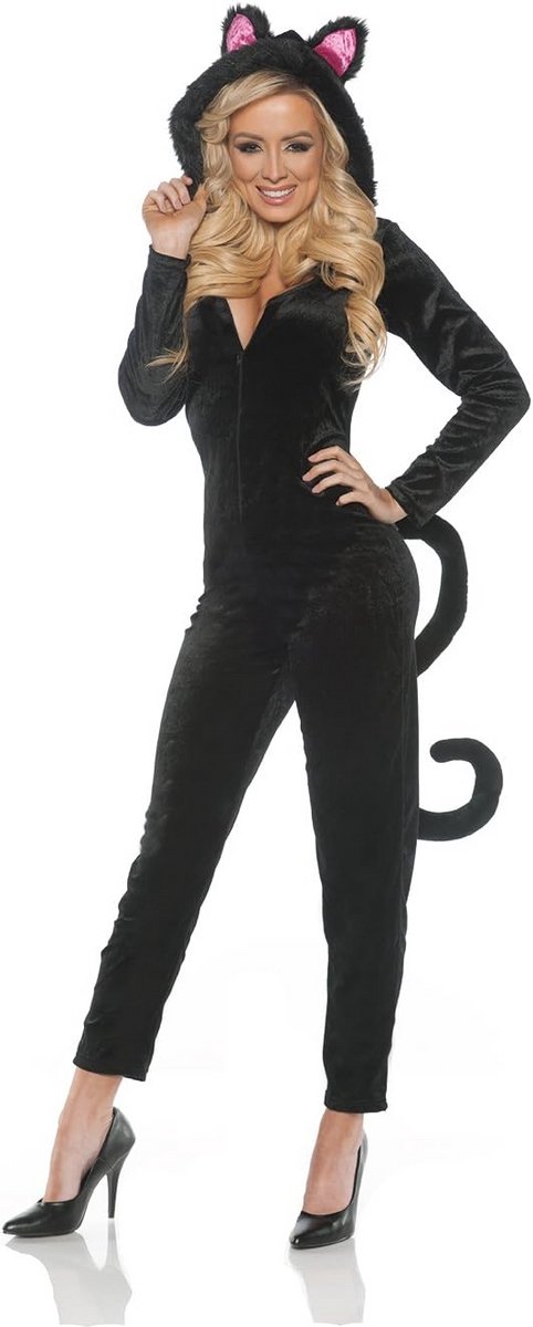 Sexy Zwarte Kattenpak Dames Jumpsuit met Capuchon en Staart voor Carnaval en Feestjes