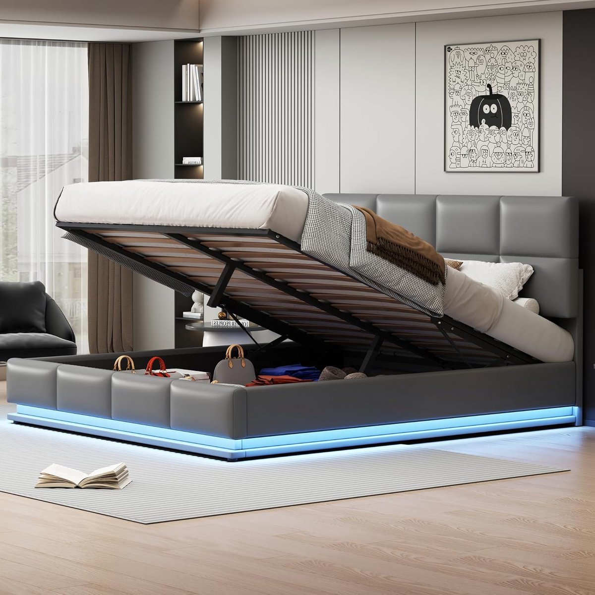 Gestoffeerd Tweepersoonsbed 180x200 cm met Opbergruimte en LED Verlichting