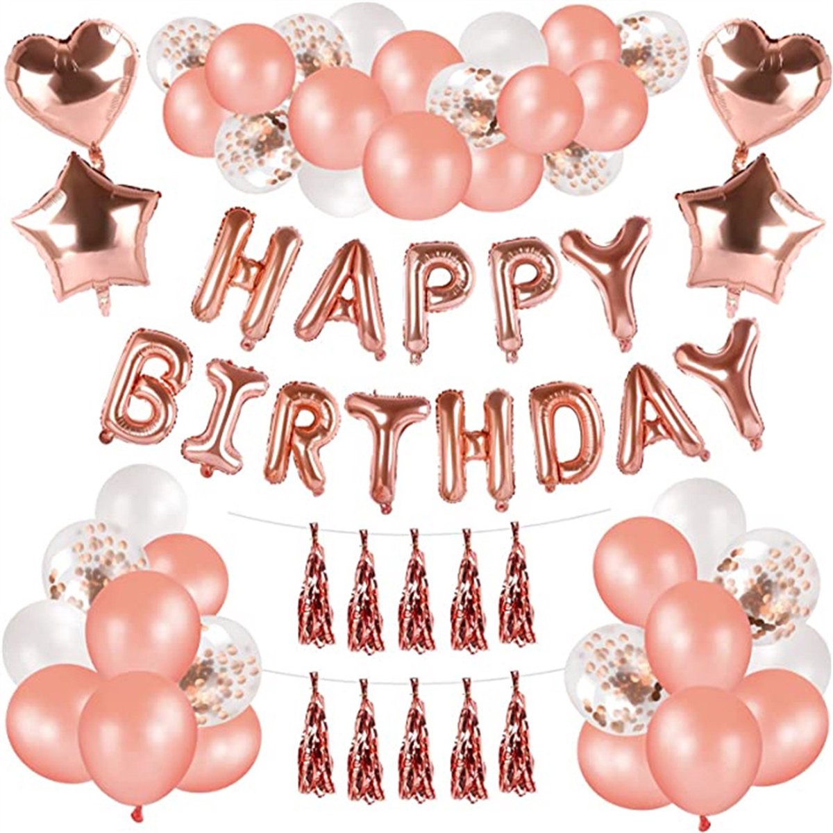 Happy Birthday Ballonnen Set – Rose Gold – Complete Verjaardag Decoratie – Folie Letters, Ballonnen, Tassels & Slingers