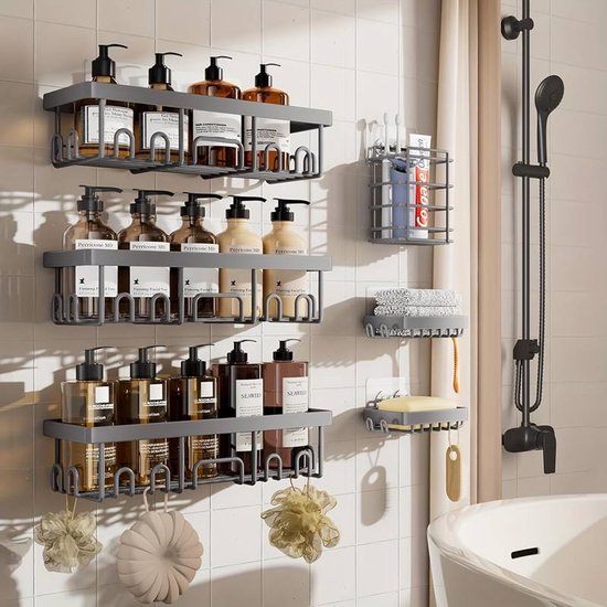 6-Pack Wandmontage Badkamerplanken – RVS Douche Caddy Organizer met Hangrek – Ruimtebesparend voor Douche, Badkuip & Wastafel