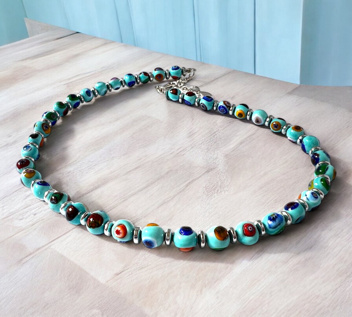 Corte Murrina - Murano glas halsketting - 'Novara' Turchese - Turkoois - 43cm - Exclusief bij Bella Murano