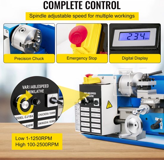 Mini-metaaldraaibank met precisieklauw, noodstop en digitaal display. Variabele snelheidsregeling van 100-2500 RPM.