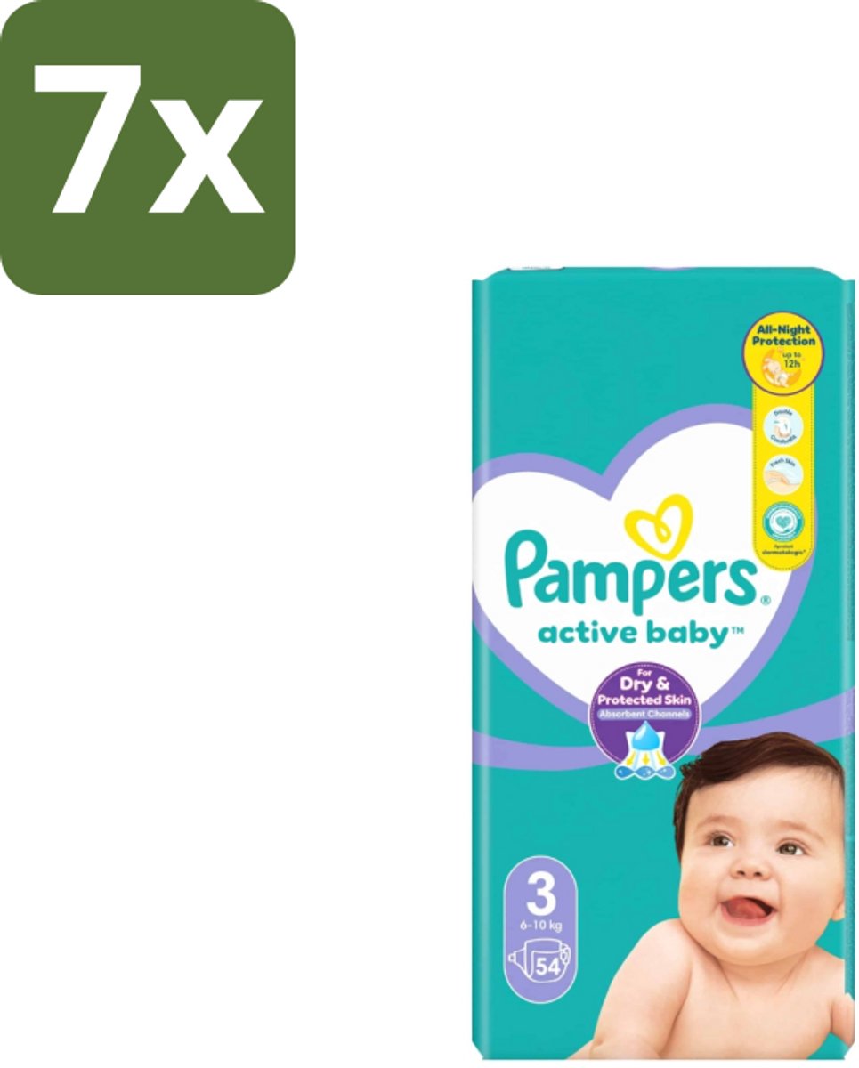 7 x Pampers – Luiers – Active Baby Maat 3 – 54 Luiers - Baby Luiers - Droge Nacht - Luchtdoorlatende Luier - Vocht Absorberend - Dermatologisch Getest