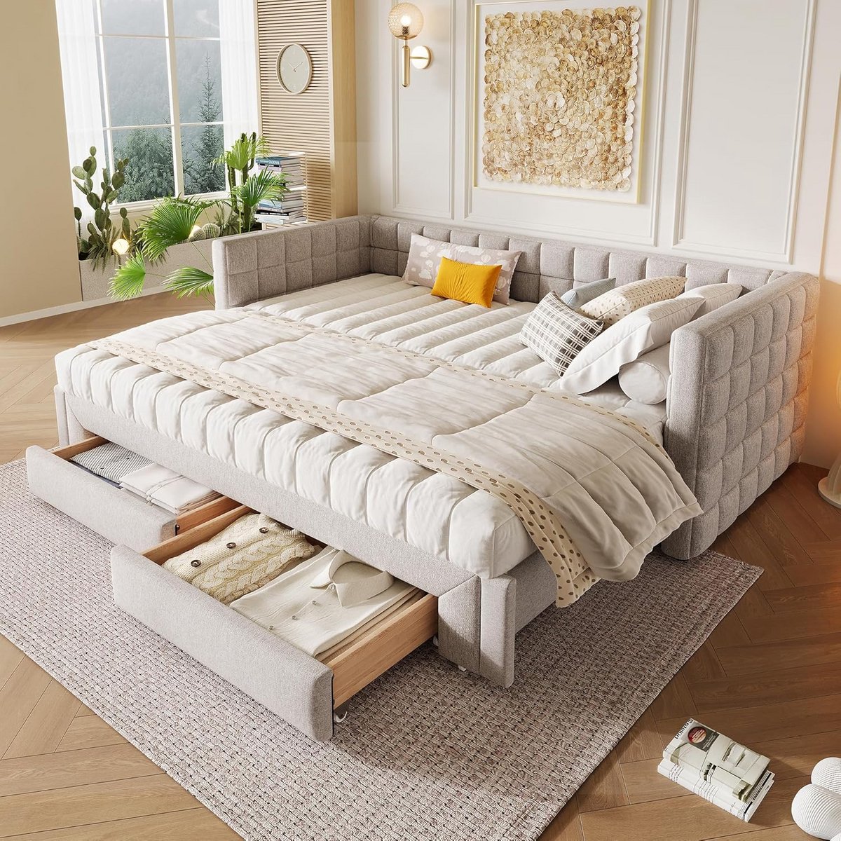 Uittrekbaar Dagbed met Lades - Slaapbank 90x200 cm - Beige/Grijs Fluweel