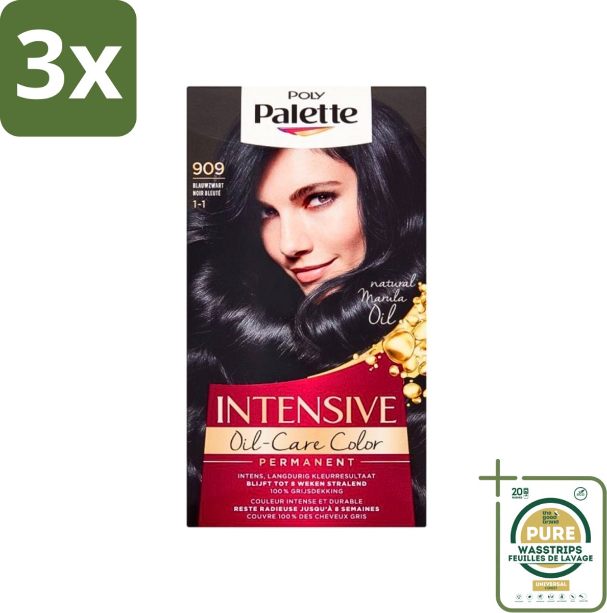 3 x Poly Palette - Haarverf - Blauw Zwart 909 - 115ml - Grootverpakking - Haarverf - Blauw Zwart - Haarkleur - Langdurige Kleur - Grijsdekking