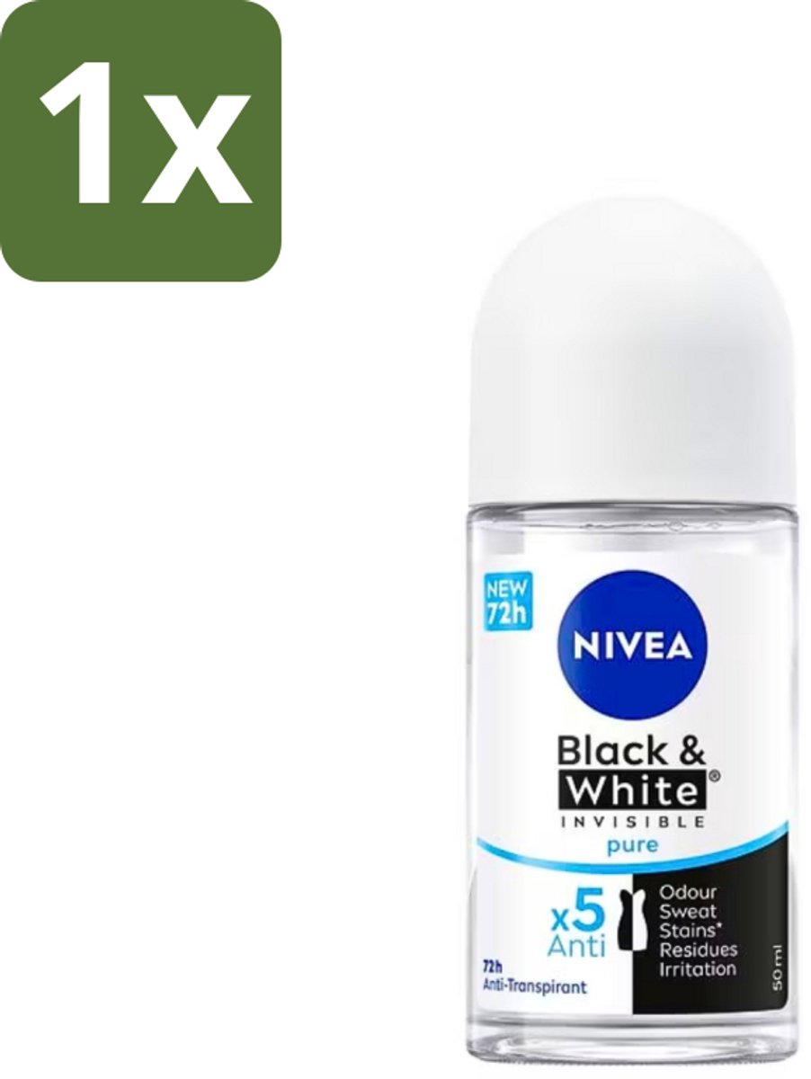 1 x Nivea - Deodorant - Roller - Black & White Invisible Pure - 50 ml - NIVEA Deodorant Roller - Anti-transpirant - 48 Uur Bescherming - Geen Vlekken Op Kleding - Zwart En Wit