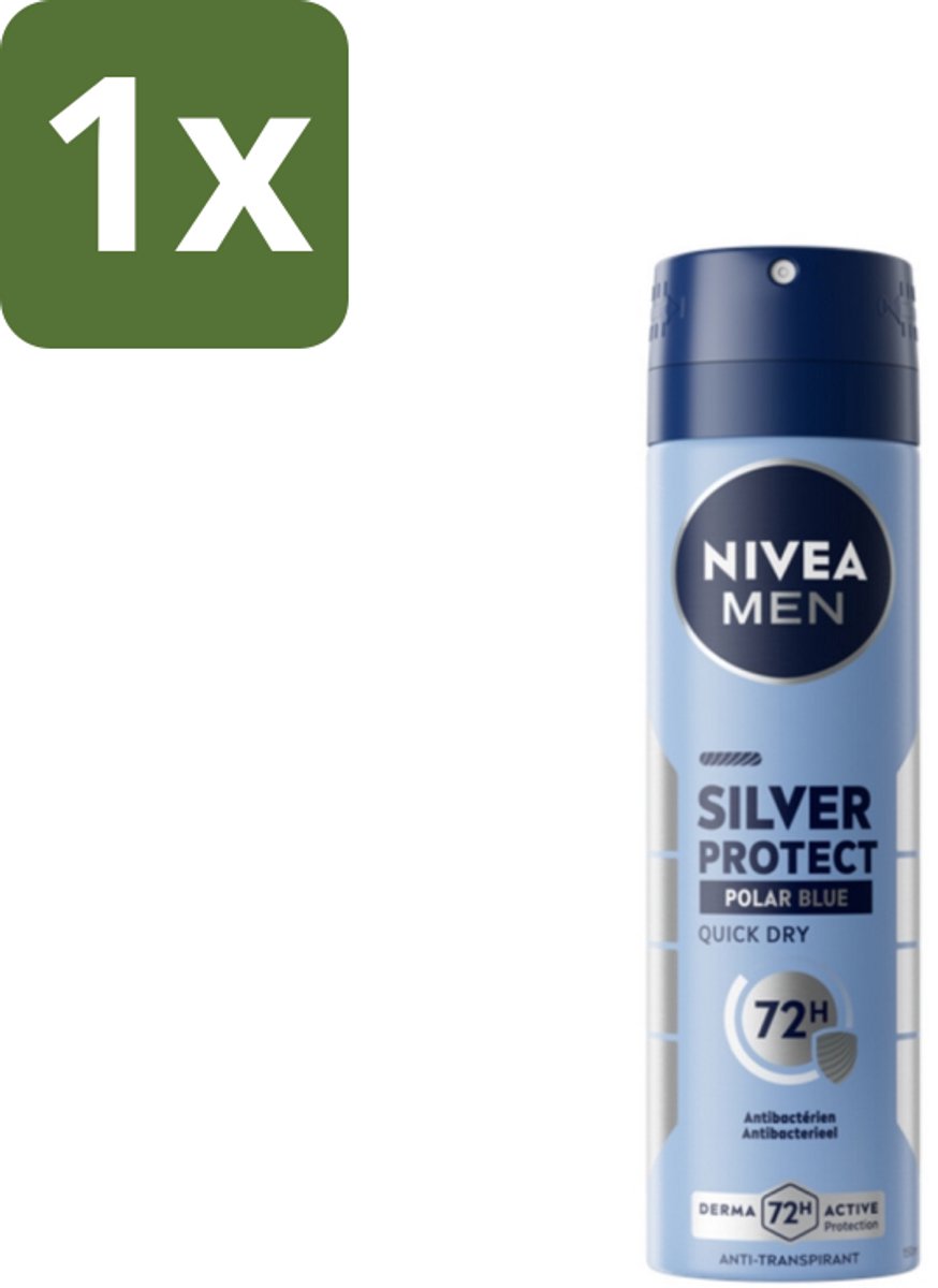 1 x Nivea - Men - Deodorant - Spray - Silver Protect Polar Blue - 150 ml - Deodorant Spray - Zilverionen - 72 Uur Bescherming - Anti-transpirant - Zweetgeur