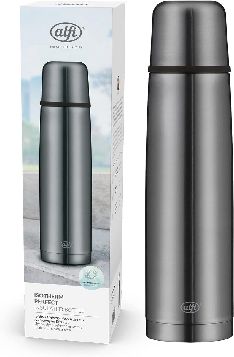 Thermosfles RVS Grijs 1 Liter met Drinkbeker Warm en Koud Houdend