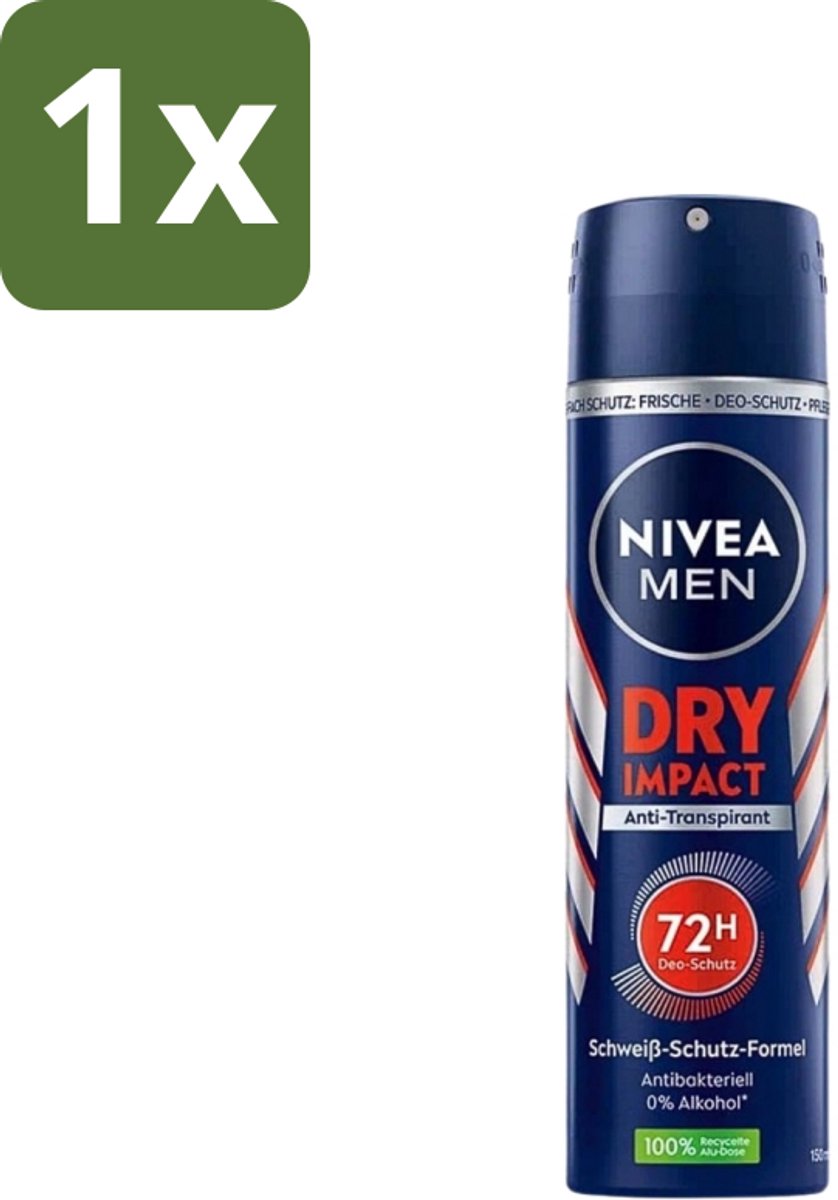 1 x Nivea - Men - Deo Spray - Dry Impact - 48 Uur Lang Werkend - 150 ml - 48 Uur Anti-transpirant - Deodorant Spray - Mannelijke Geur - Droge Huid - Frisheid