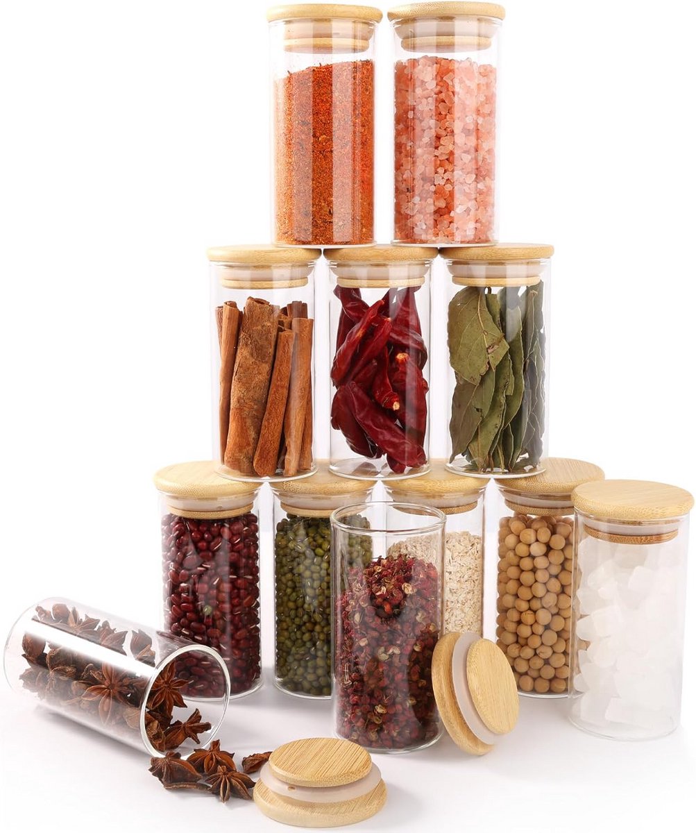 Set van 12 Kruidenpotjes met Bamboe Deksel - 150 ml - Luchtdicht en Vaatwasserbestendig