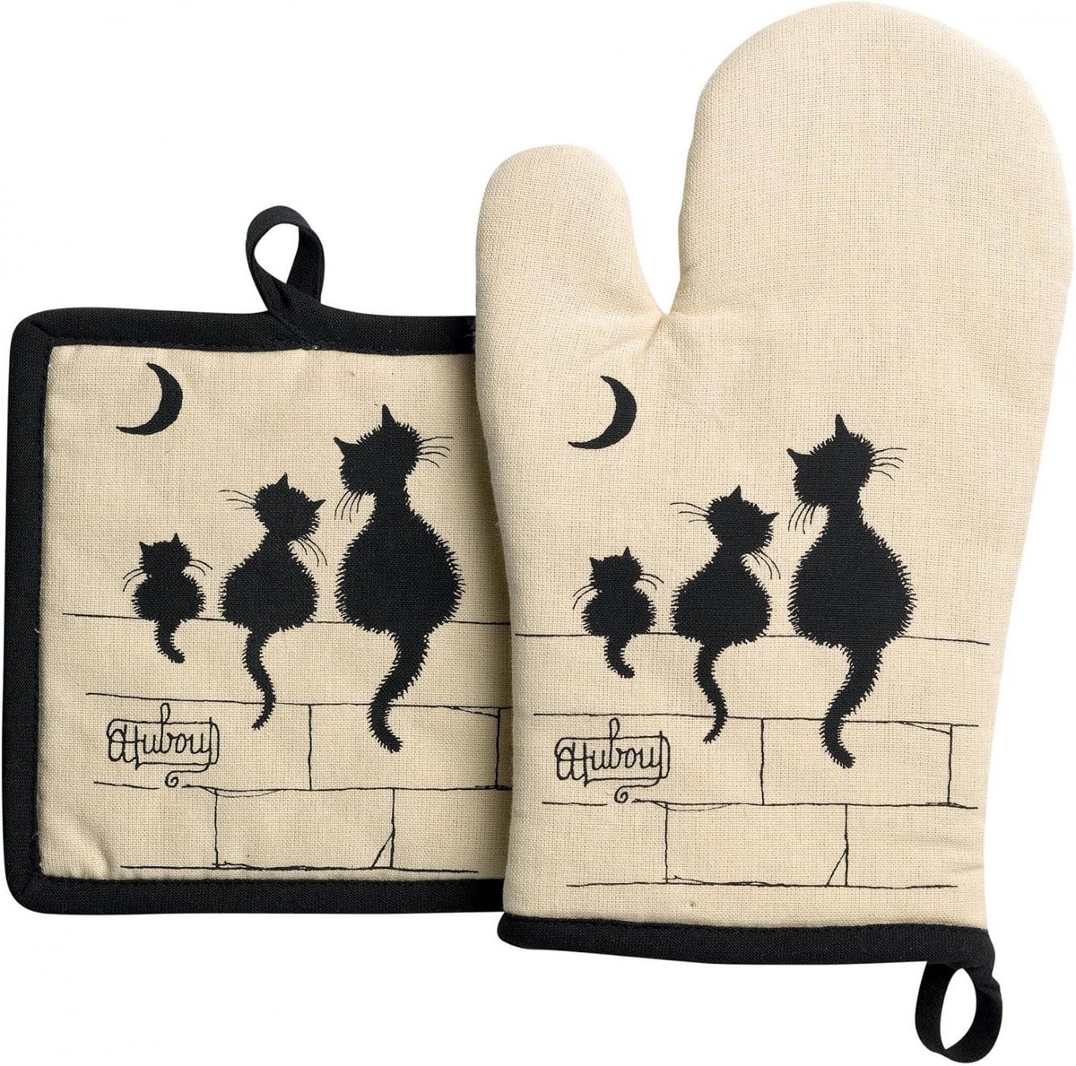 Set Ovenwant en Pannenlap met Kattenprint - Beige Hittebestendig Keukengerei