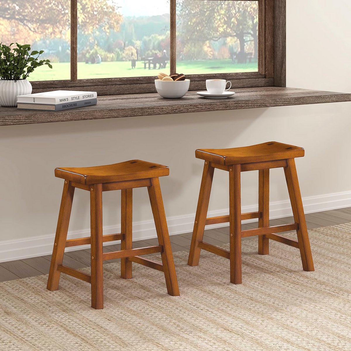 Set van 2 Houten Eetkamerbarkrukken - Zithoogte 44.5 cm - Eikenlook
