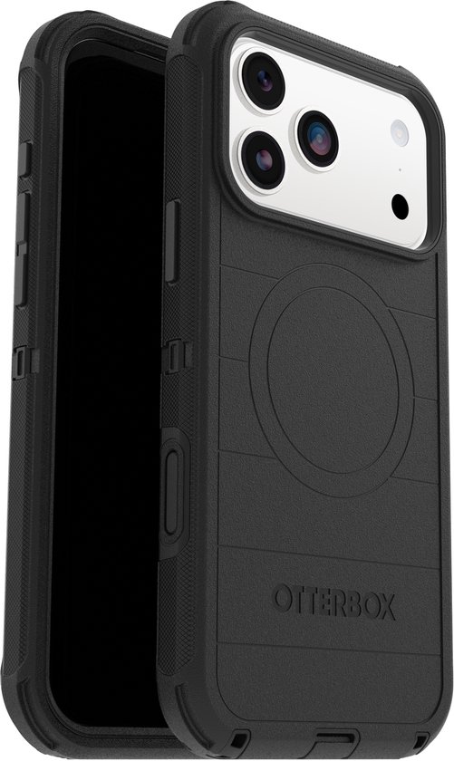 Zwarte Otterbox Defender Pro hoes voor iPhone 17 Pro Max met magnetische cirkel op de achterkant.