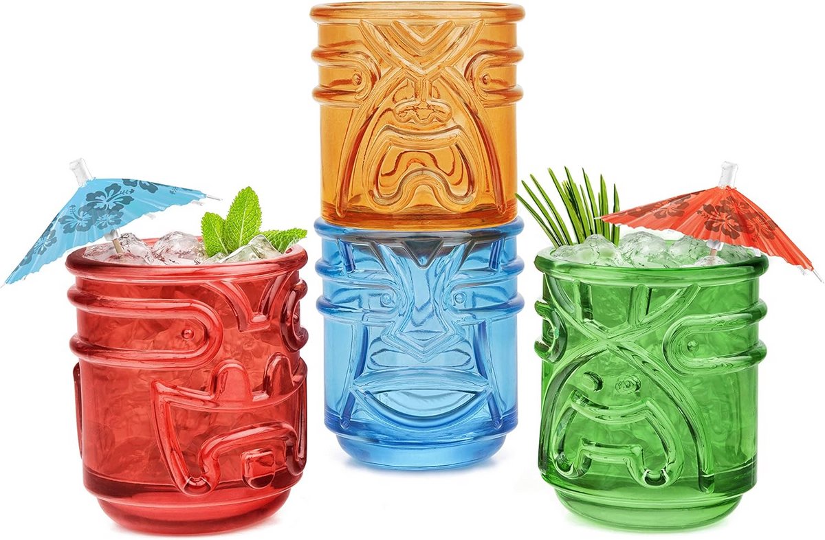 Stapelbare Tiki Bekers Set van Vier Tropische Cocktailglazen