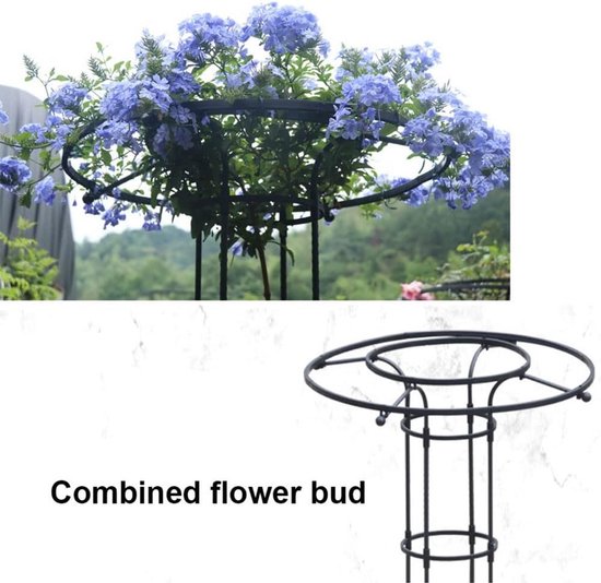 Een metalen klimrek met een ronde bovenkant, bedekt met blauwe bloemen.