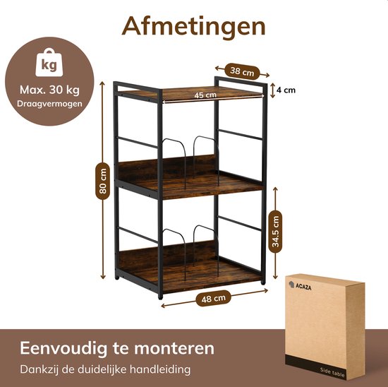 Afmetingen van de bruin-zwarte platenkast: 48x38x80 cm. Max. 30 kg draagvermogen.