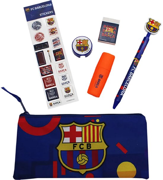 FC Barcelona schrijfwarenset met blauwe etui, potlood, pen, gum, puntenslijper, markeerstift en stickers.