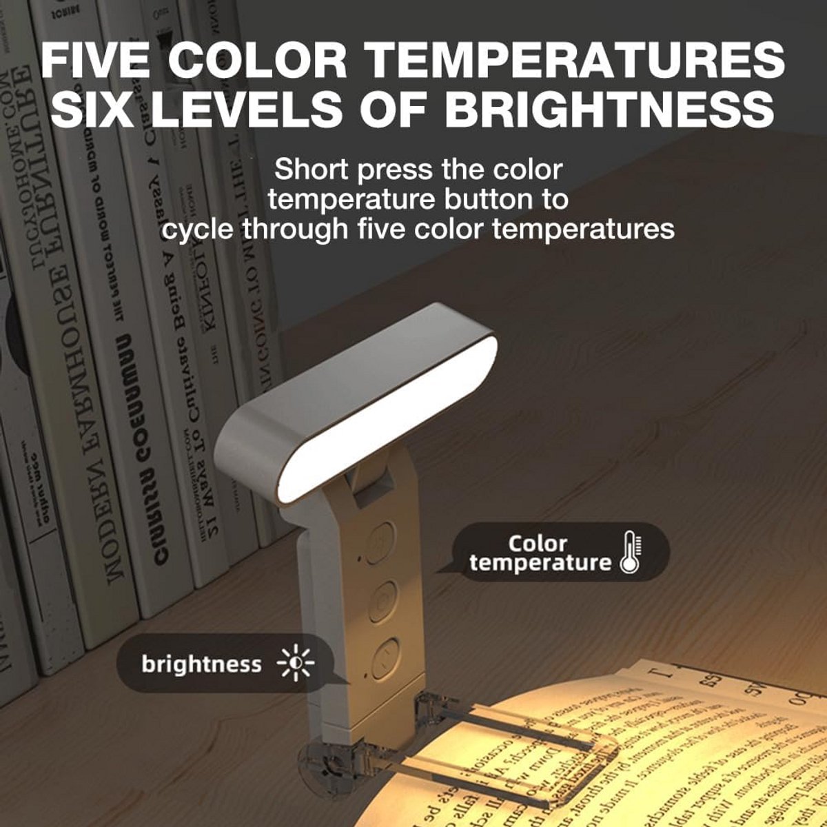 Oplaadbare Leeslamp met Klem - 5 Kleuren & 6 Helderheidsniveaus - Oogbescherming Nachtlamp Draagbaar — cadeau in Gadgets - foto 7