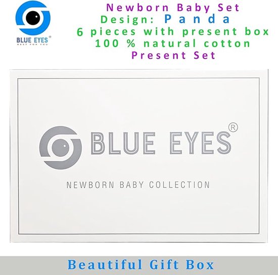 Geschenkdoos 'Blue Eyes Newborn Baby Collection' met opschrift 'Newborn Baby Set, 6 pieces with present box, 100% natural cotton'.